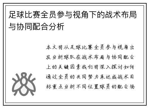 足球比赛全员参与视角下的战术布局与协同配合分析